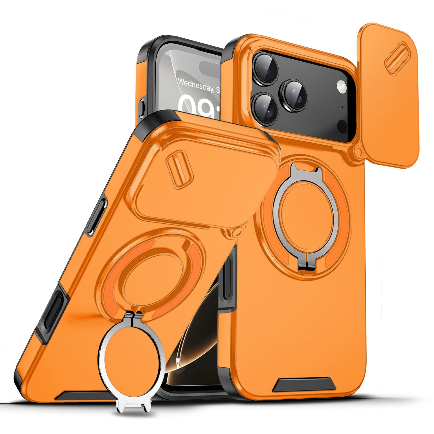 Navy Blue Armor Phone Case with Ring Stand, Sliding Camera Cover and Magnetic Kickstand, Heavy Duty Shockproof Protection