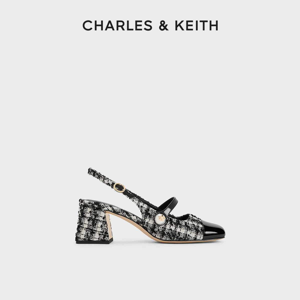 Ivory Black Cap Toe Mary Jane Slingback Block Heels for Women | Two Tone Pearl Button Strap Mid Heel Pumps | Elegant Vintage Inspired Block Heel Shoes | Chanel Inspired Cap Toe Heels