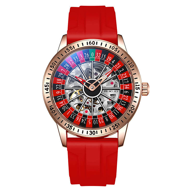 Roulette Wheel Skeleton Watch Men | Red Blue Casino Dial | Black Steel Bracelet | Hollow Tourbillon Style Automatic Watch