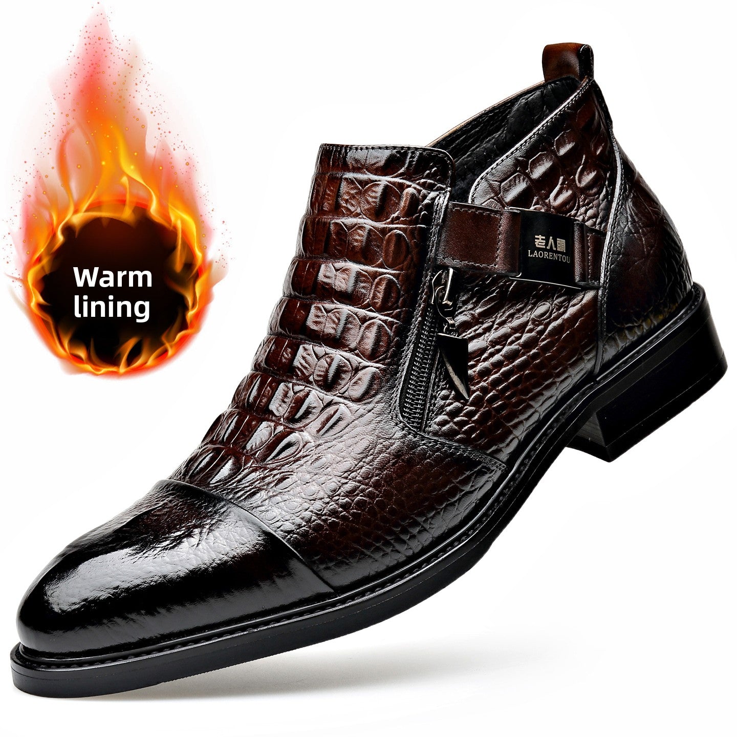 Men's Brown Croc Embossed Monk Strap Zip Ankle Dress Boots