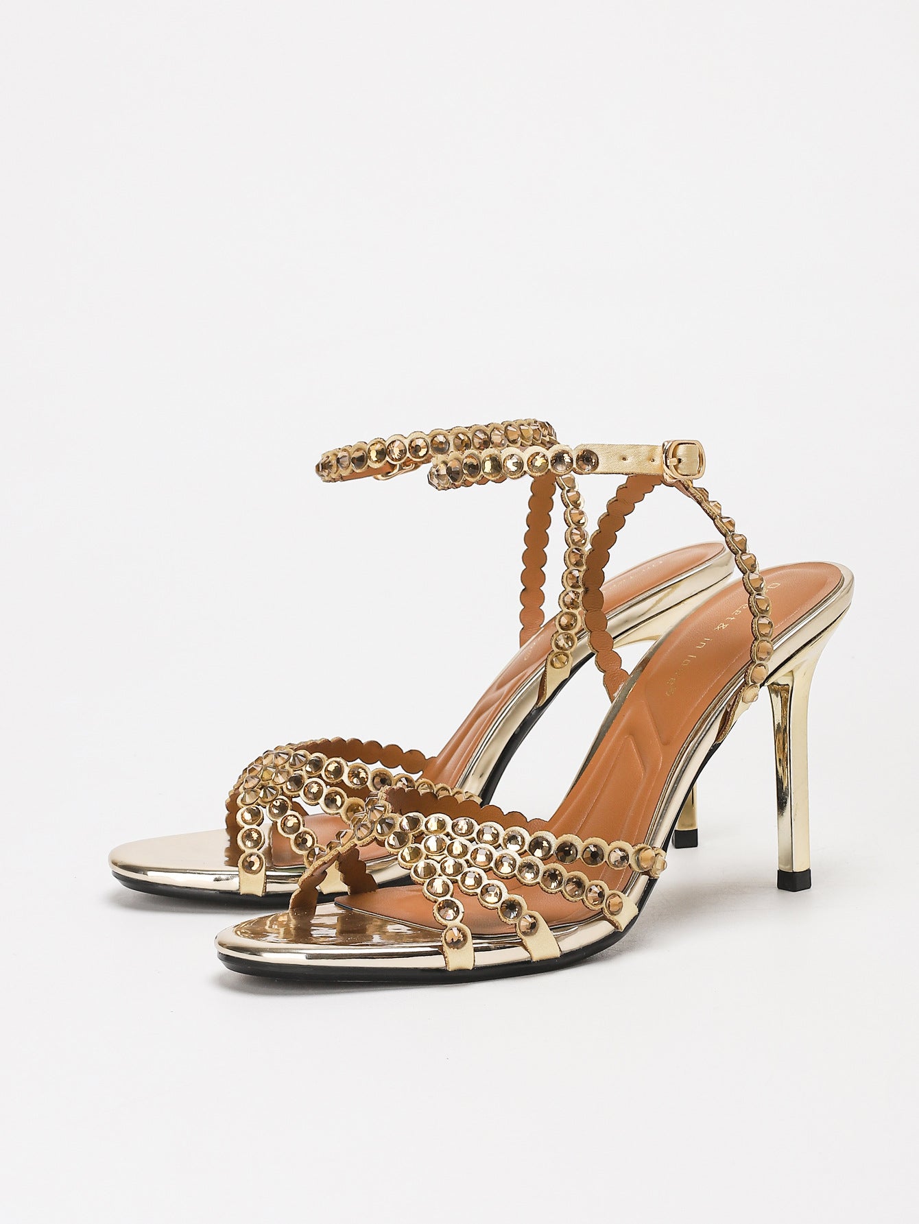Rose Gold Mirror Metallic Crystal Circle Gem Embellished Strappy Heeled Sandals with Ankle Buckle | Luxury Glamorous Evening Heels for Women