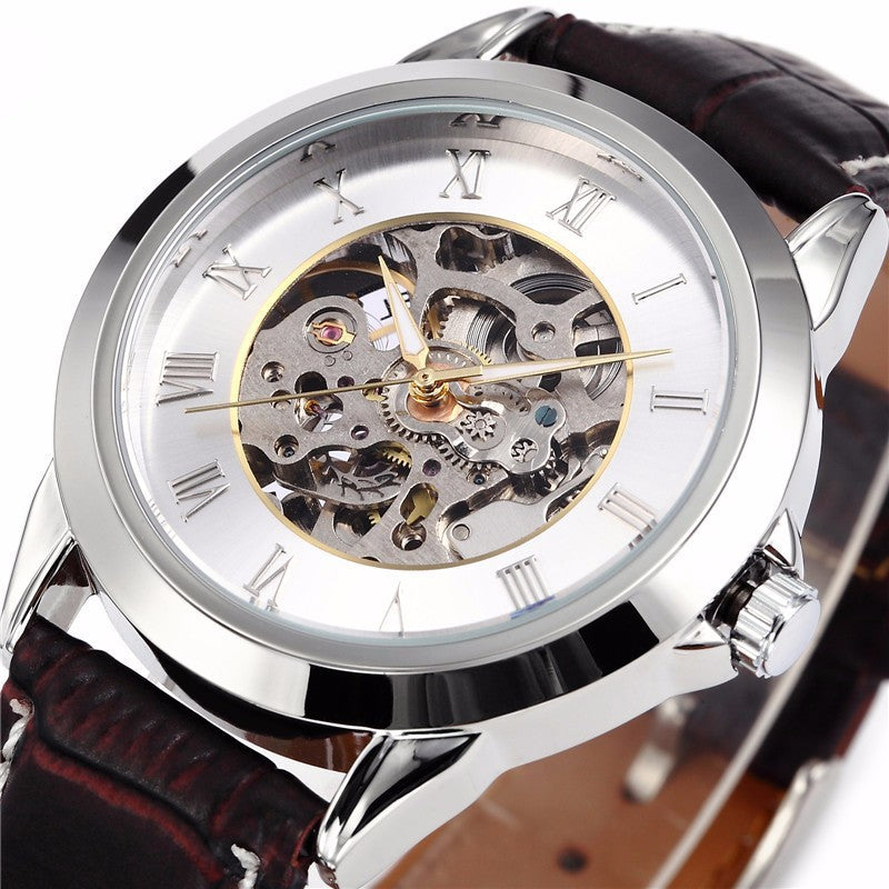 Shenhua Bronze Skeleton Automatic Mechanical Watch Brown Leather Tachymeter Bezel | Men Vintage Steampunk Transparent Dial Luxury Wrist Watch