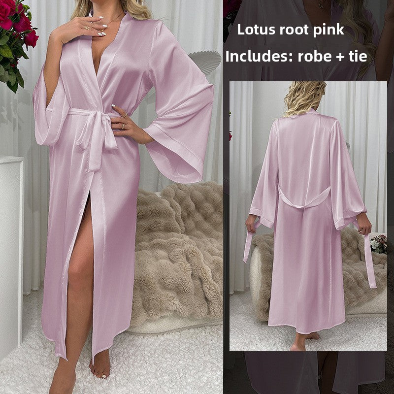 Women's Black Satin Maxi Robe with Belt Sexy Deep V Neck Flared Sleeve Floor Length Dressing Gown Kimono Sleepwear