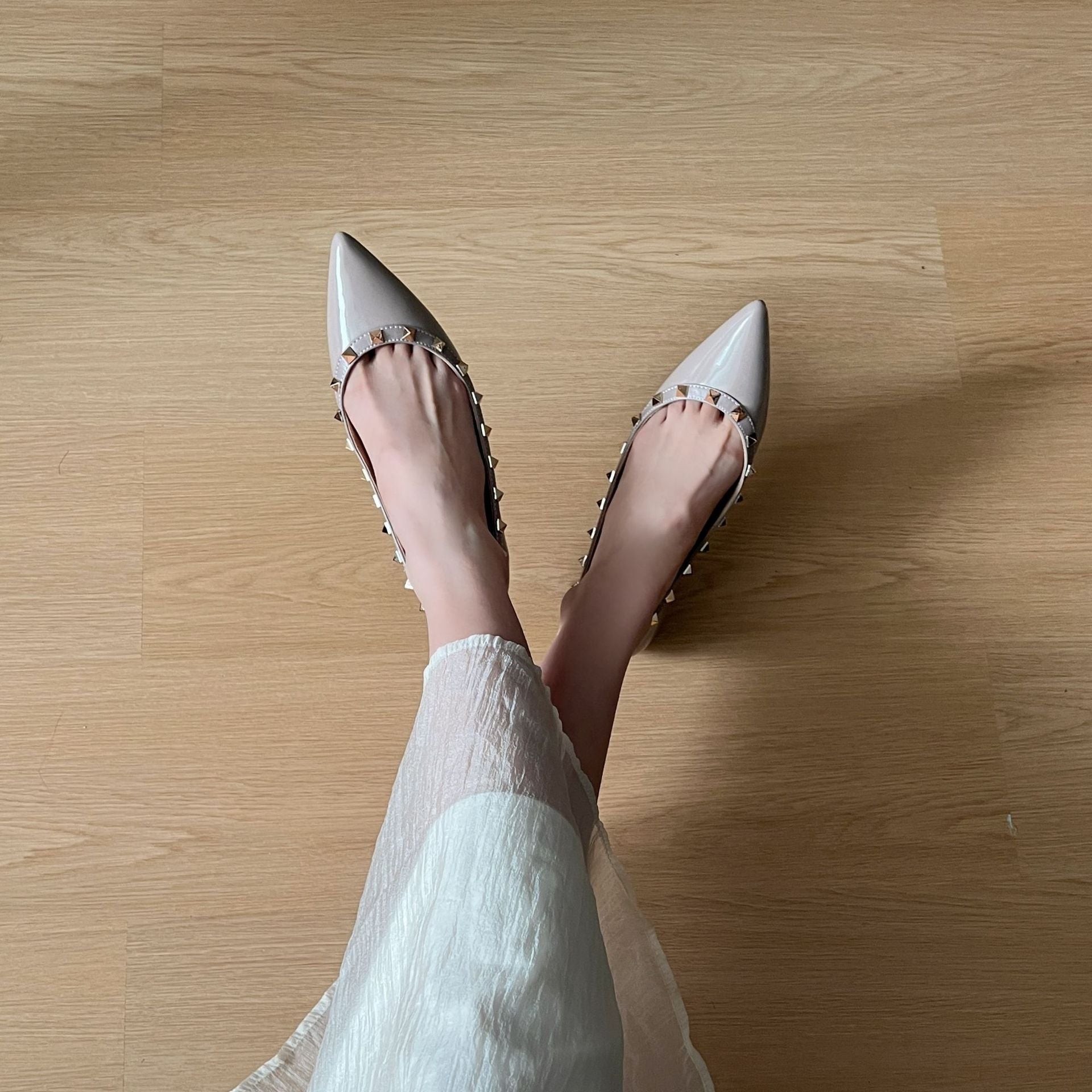 Black Patent Leather Studded Strap Pointed Toe Flats | Women's Rockstud Ballet Slingback Shoes