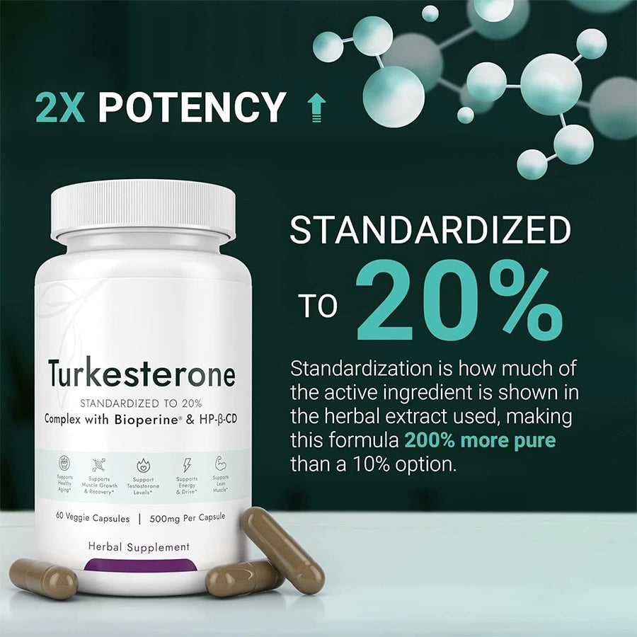 Turkesterone 500mg Capsules - Standardized 20% with Bioperine & HP-CD | 60 Veggie Capsules | Vegan, Non-GMO, Gluten-Free Herbal Supplement