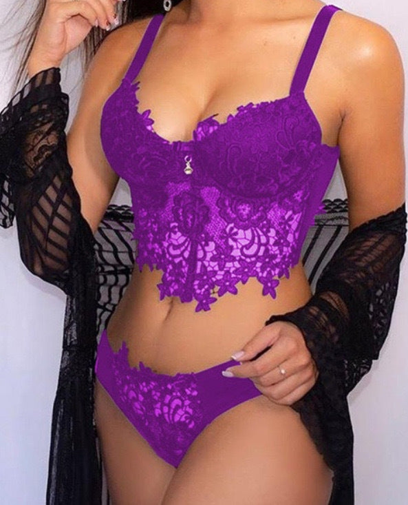 Floral Lace Longline Bra & Panty Set | Sheer Embroidered Bustier Lingerie | Sexy Underwire Set in 4 Colors