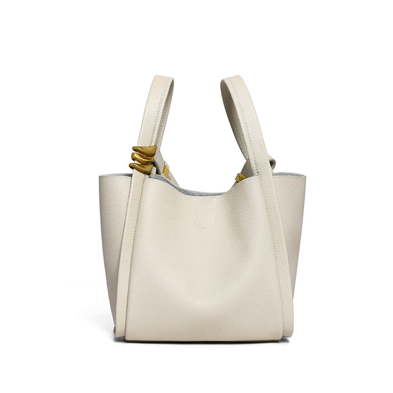 Cream Ivory Leather Tote Bag - Women's Shoulder Bag with Gold Knot Detail | Large Pebbled Leather Tote for Work & Everyday