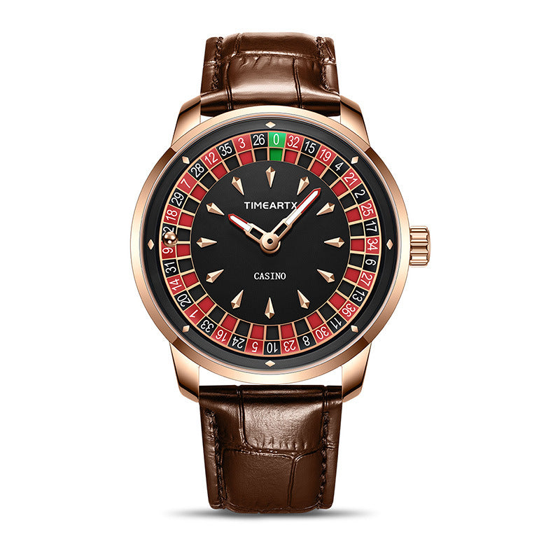 Timeartx Casino Roulette Wheel Watch | Rose Gold & Black Leather Quartz Watch for Men | Unique Novelty Dress Watch Gift