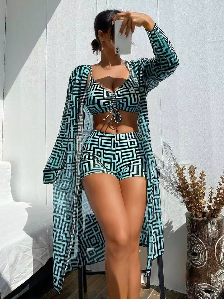 Geometric Maze Print 3-Piece Bikini Set, Front Tie Crop Top & High Waist Shorts with Long Kimono Cover Up, Women Brown Cream Swimwear, Luxury Matching Beach Outfit, Resort Vacation Swimsuit