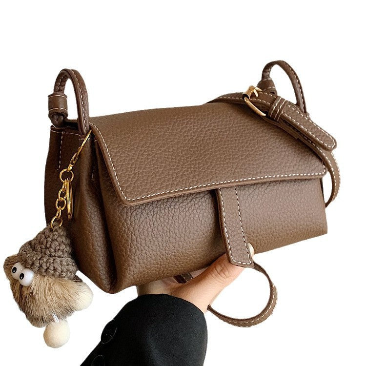 Taupe Brown Leather Crossbody Bag - Structured Flap Bag with Braided Strap & Hedgehog Charm | Small Shoulder Bag
