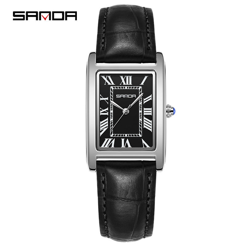 SANDA Women's Rectangle Rose Gold Watch | White Roman Numeral Dial Blue Hands Black Leather Strap Classic Quartz Timepiece