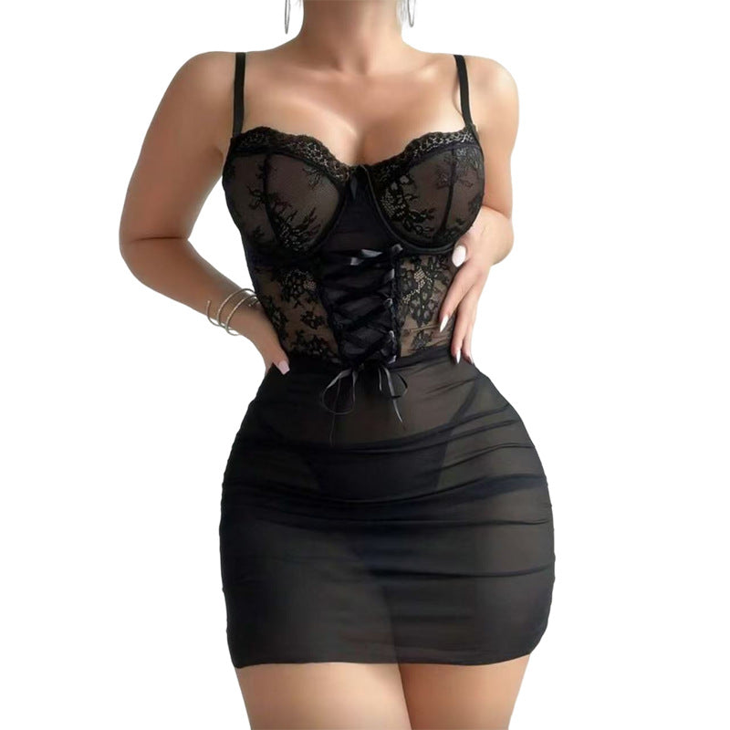 Navy Blue Floral Lace Corset Top & Mesh Midi Skirt Set | Underwire Lace-Up Bustier Two Piece Lingerie