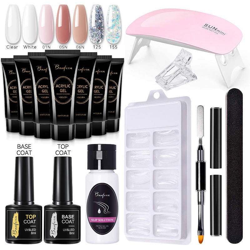 Baafven 11PCS Acrylic Gel Nail Extension Kit | Poly Gel Set with UV LED Nail Lamp, Top & Base Coat, Nail Forms & Tools
