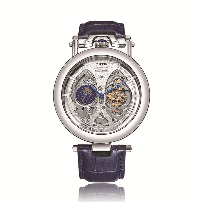Difful Original Automatic Skeleton Watch | Dual Time and Sun Moon Display | Tourbillon Style | Blue Leather Strap | Luxury Mens Mechanical Watch