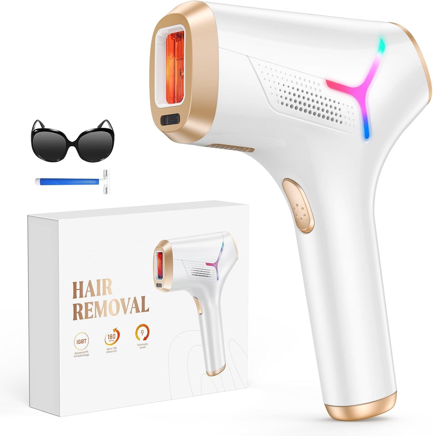 IPL Hair Removal Device IGBT 4.0 Technology | 180 Flashes Per Minute | 9 Intensity Levels | RGB Light | Permanent Painless Laser Hair Remover | Includes Goggles & Razor