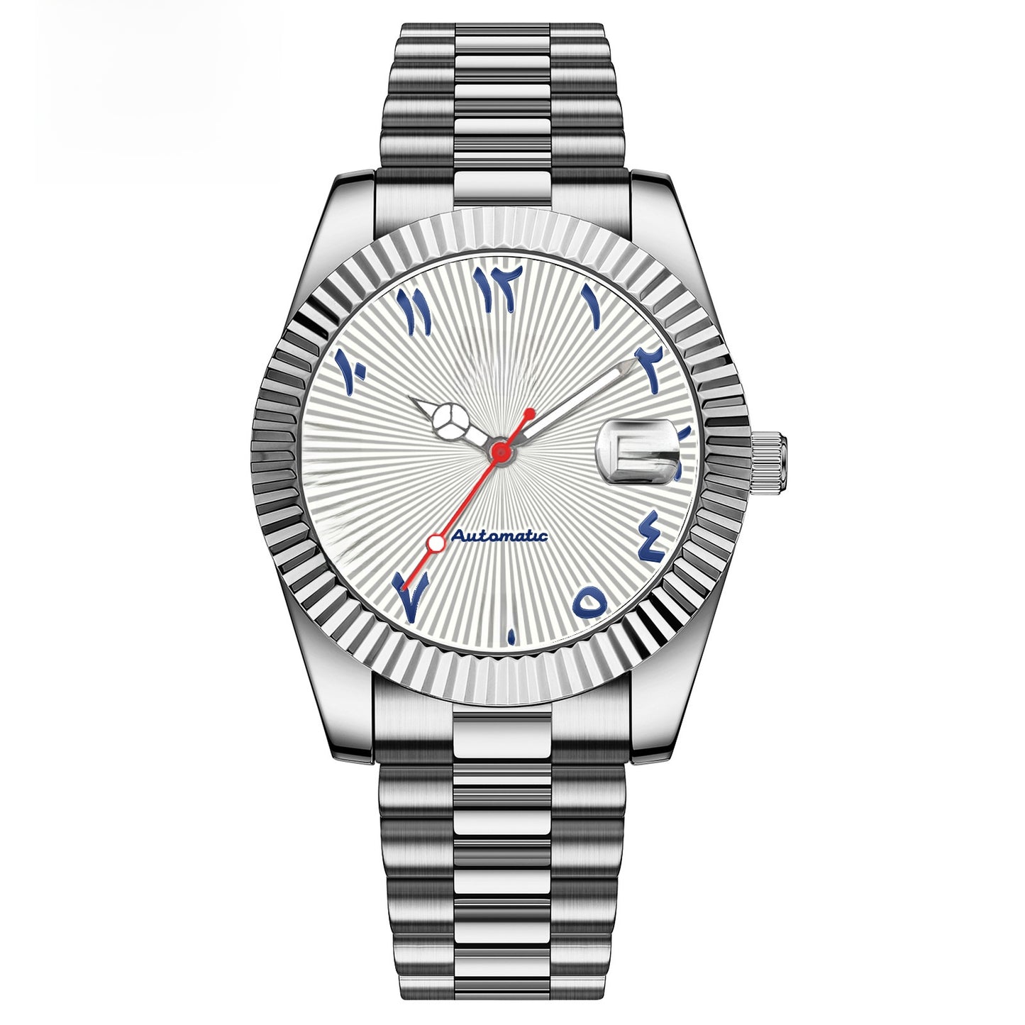 Carsikie Herrenuhr mit arabischen Ziffern | Schwarzes Zifferblatt mit Sonnenschliff | Geriffelte Lünette im Präsidentenstil | Tag- und Datumsanzeige | Silberne Edelstahluhr 
