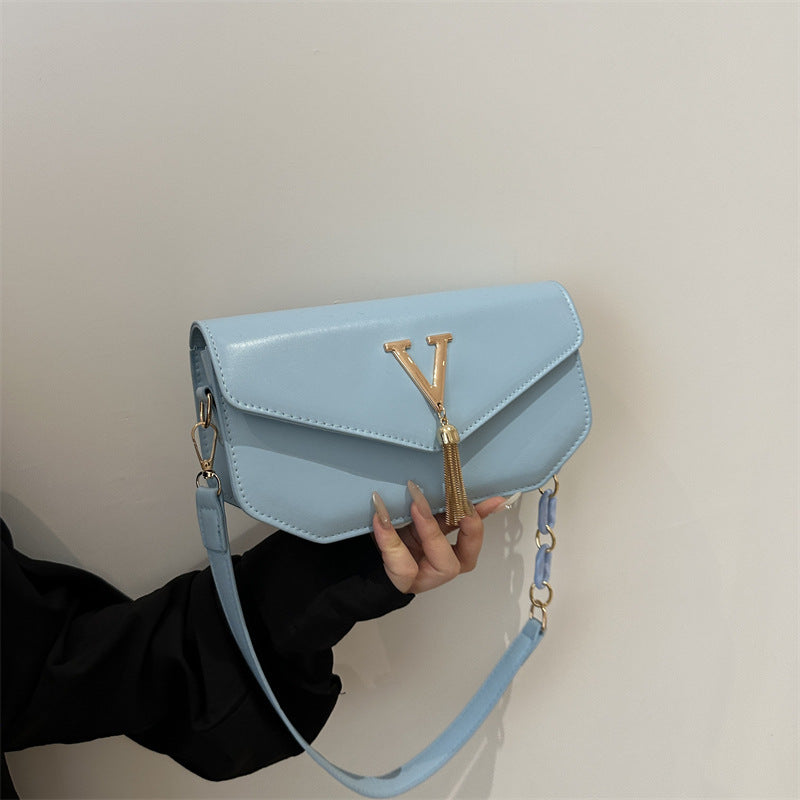 White Leather Shoulder Bag with V Logo - Envelope Flap Crossbody with Chain & Tassel Detail | Designer Inspired Handbag