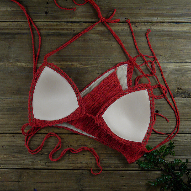 White Crochet Bikini Set | Handmade Triangle Halter Top and String Bottoms Boho Swimwear for Women