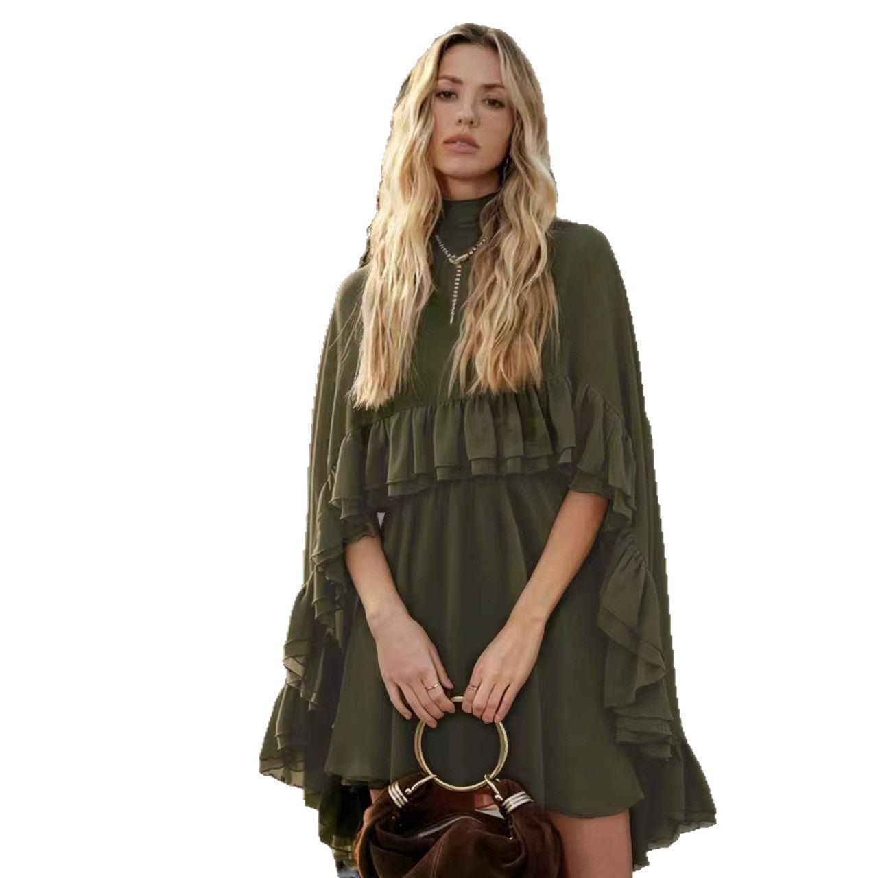 Brown Chiffon Ruffle Mini Dress | Mock Neck Long Sleeve Tiered Ruffle Flowy Short Dress for Women
