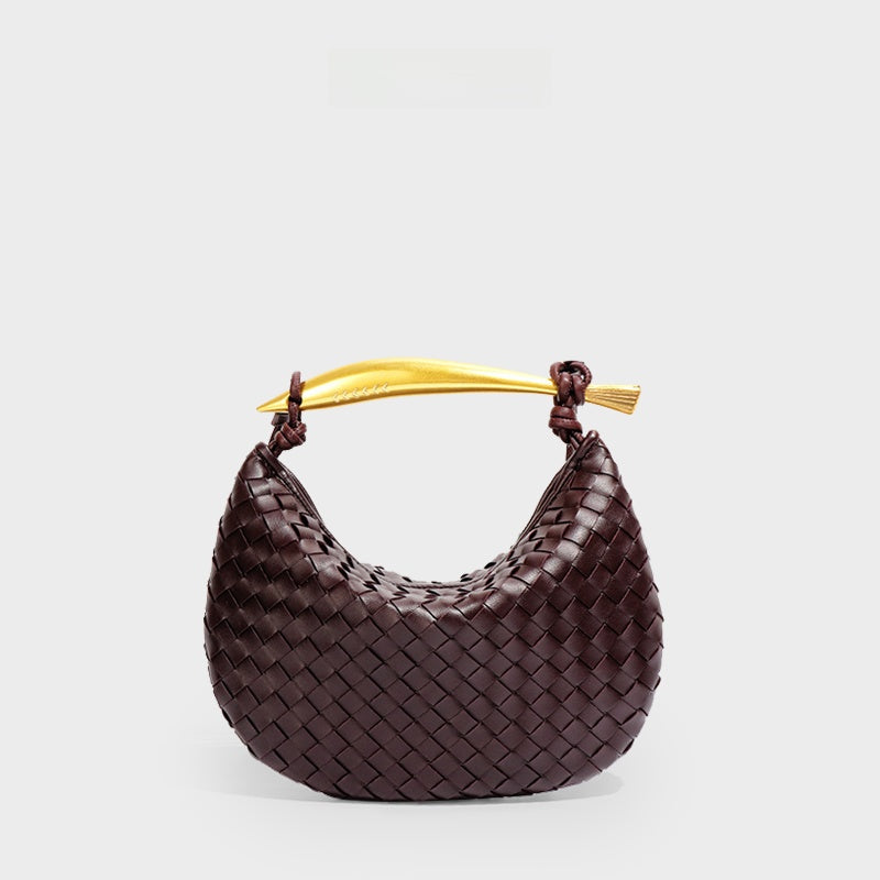 Burgundy Woven Leather Hobo Bag with Gold Handle | Intrecciato Crescent Shoulder Bag