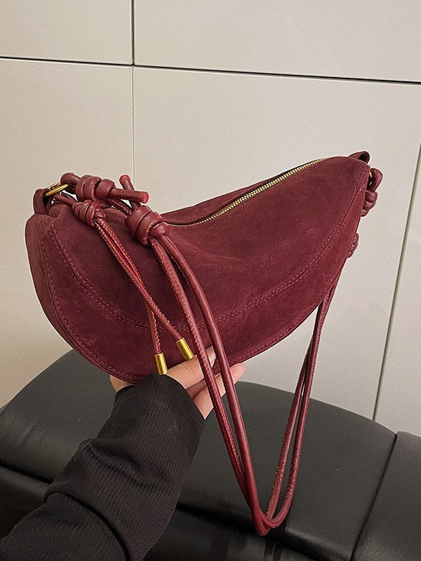 Black Suede Crescent Shoulder Bag | Knotted Strap Half Moon Hobo Bag with Gold Hardware & Charm