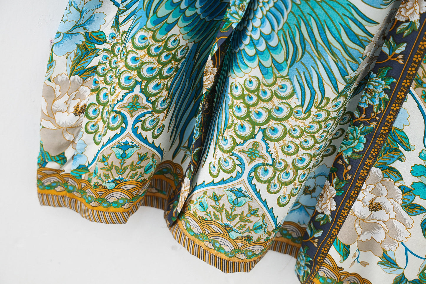 Boho Floral Peacock Print Kimono Robe for Women | Belted Long Midi Wrap Kimono Cardigan ? Beach Cover Up