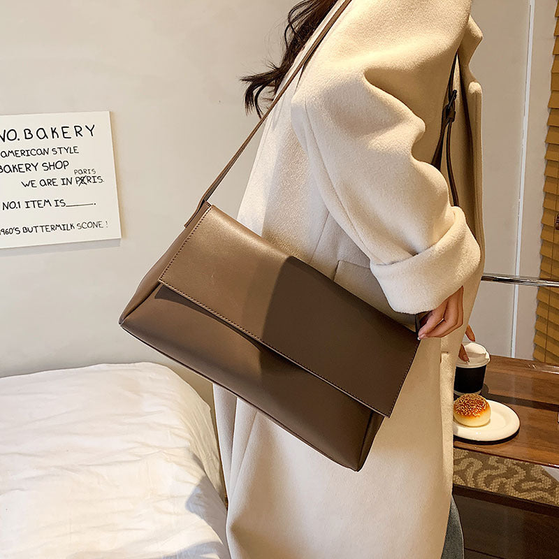 Women's Minimalist Black Leather Crossbody Bag | Sleek Flap Shoulder Bag | Everyday Clutch Purse for Work, Travel & Occasions