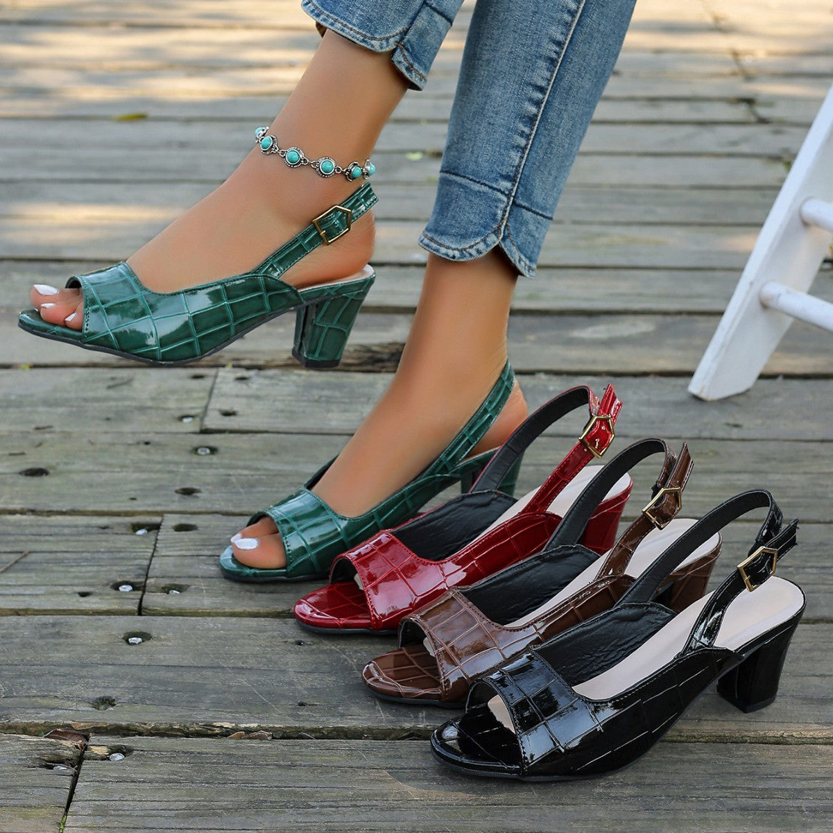 Black Crocodile Patent Leather Peep Toe Block Heel Slingback Sandals | Women's Textured Open Toe Mid Heel Shoes