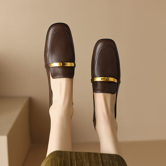 Black Leather Flat Loafers Gold Metal Bar Detail Square Toe Slip On Women Shoes | Elegant Comfortable Everyday Office Casual Fashion Flat Shoes