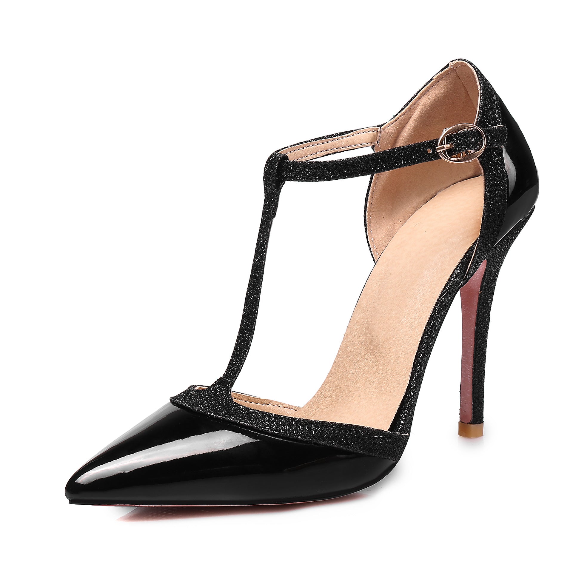 Black Patent Glitter T-Strap Stiletto Heels Women Pointed Toe Buckle Ankle Strap Party Office Dress Pumps