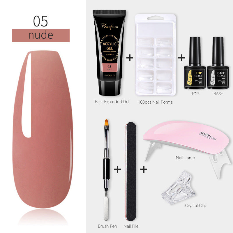 Baafven 11PCS Acrylic Gel Nail Extension Kit | Poly Gel Set with UV LED Nail Lamp, Top & Base Coat, Nail Forms & Tools