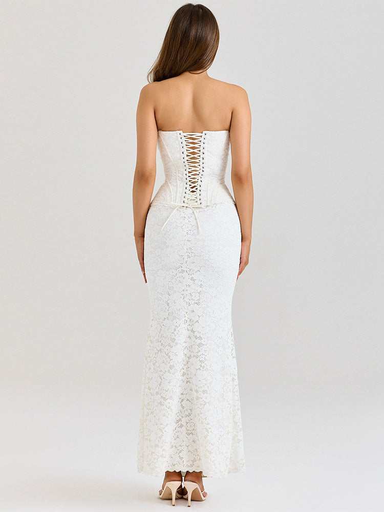 White Lace Corset Maxi Dress | Strapless Sweetheart Mermaid Bridal Wedding Guest Formal Gown