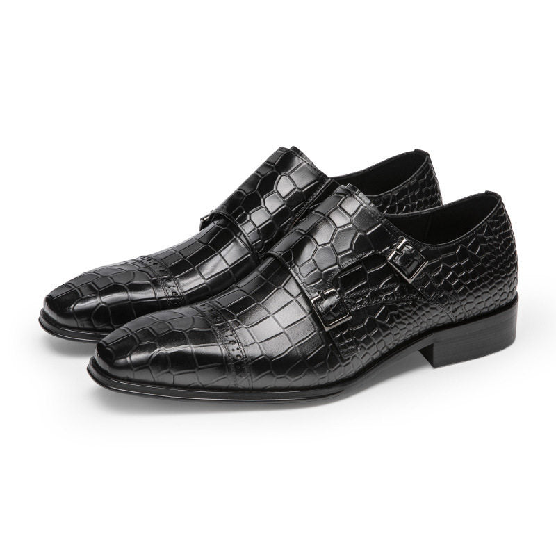 A.N.M. Bullock Men's Crocodile Embossed Double Monk Strap Shoes | Cognac Brown Luxury Dress Shoes