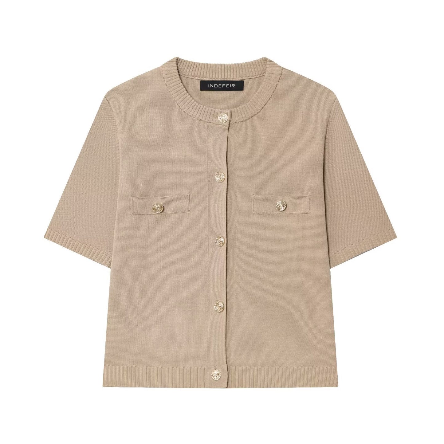 INDEFEIR Women's Burgundy Knit Cardigan - Short Sleeve Button Down Sweater with Gold Jewel Buttons & Chest Pockets - Elegant Cropped Knitwear for Fall Winter - Ladies Luxury Knit Top