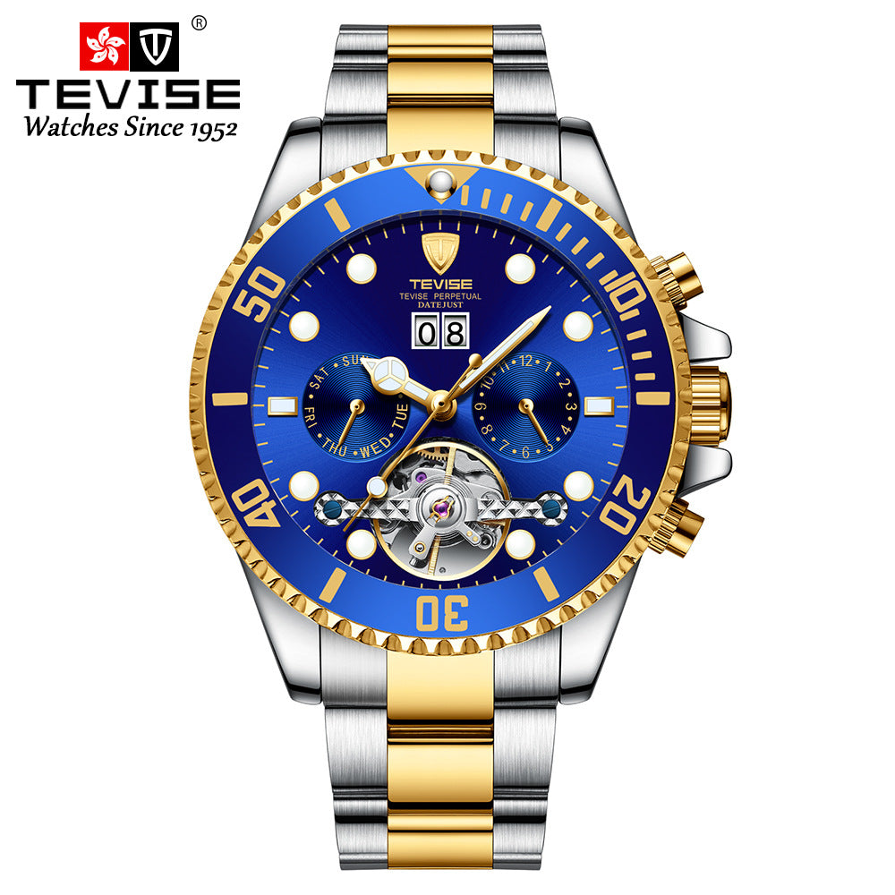 TEVISE Automatik-Tourbillon-Herrenuhr | Grünes Zifferblatt, skelettiertes Schwungrad | Silberner Edelstahl | Taucheruhr mit Tag- und Datumsanzeige 
