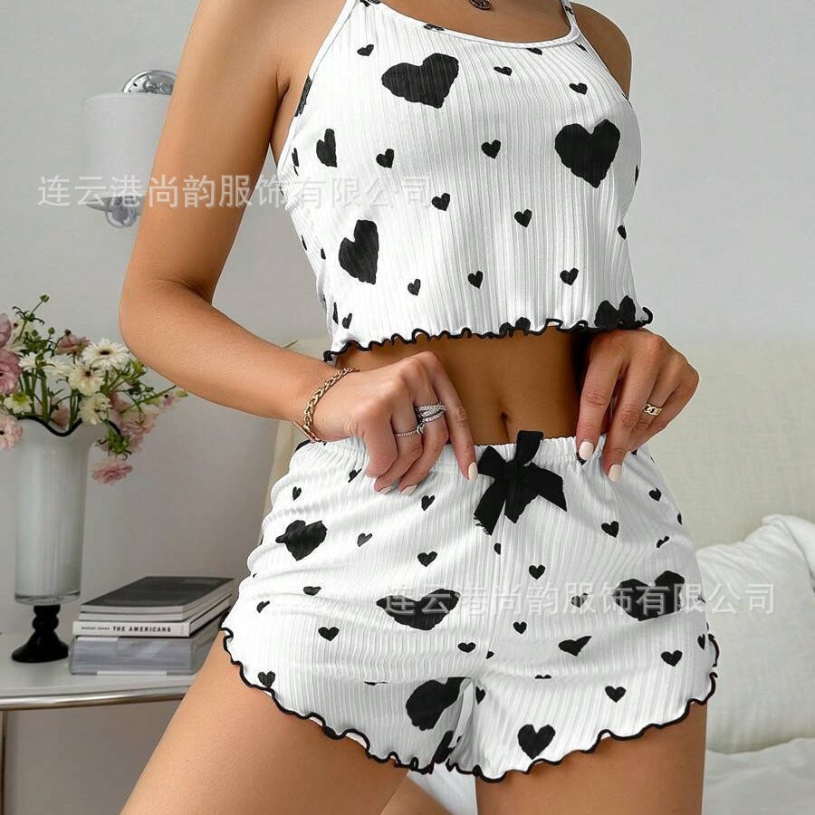 Women's Heart Print Cami Crop Top & Shorts Pajama Set ? Cute 2-Piece Sleepwear Lounge Set