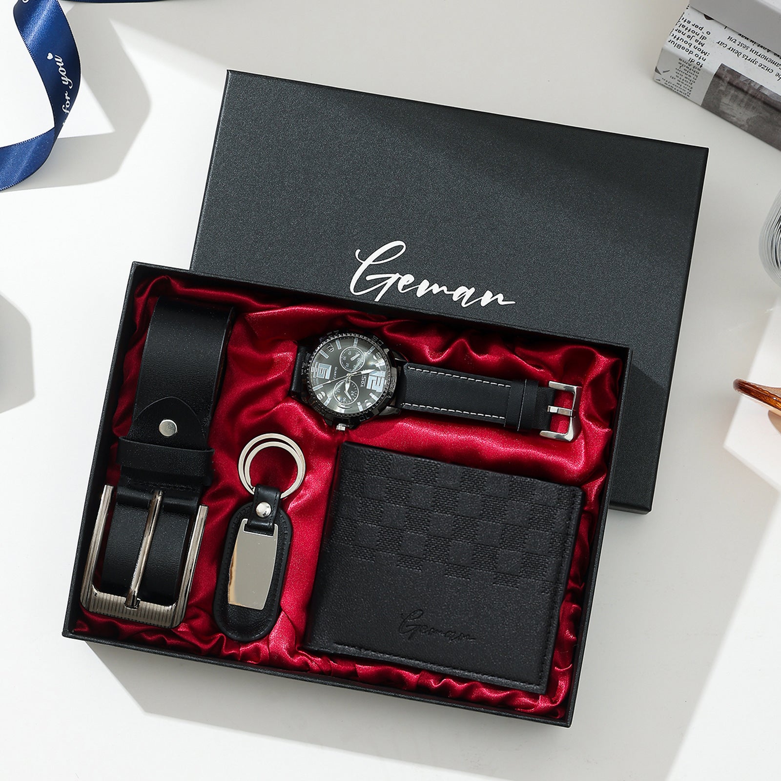 Geman Men's Luxury Gift Set – 6-Piece Black Leather Belt, Wallet, Watch, Bracelet, Keychain & Pen Box Set | Premium Men's Gift