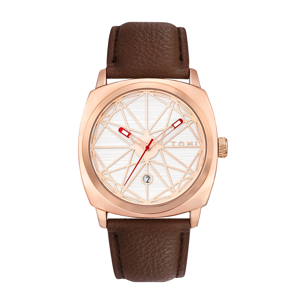 TOMI All Black Geometric Dial Men's Watch | Red Accent Hands Cushion Case Black Leather Strap Date Watch