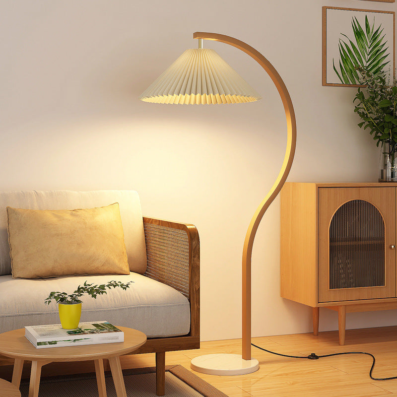Modern Pleated Floor Lamp with Gold Curved Arc Arm Marble Base Cream Fabric Shade Standing Lamp for Living Room Bedroom and Home Decor