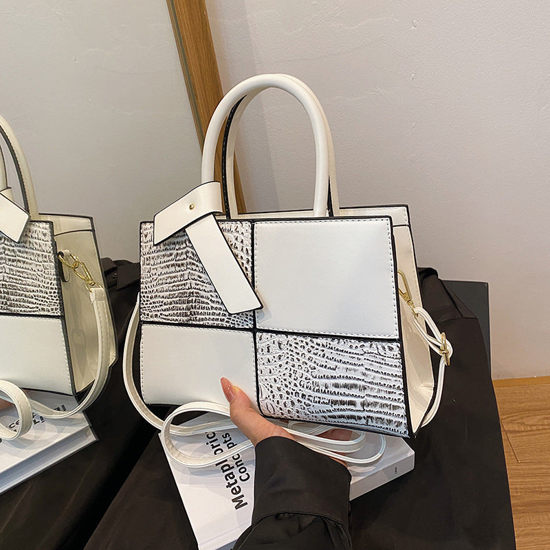 White Croc Embossed Color Block Tote Bag | Women's Luxury Style Top Handle Crossbody Handbag