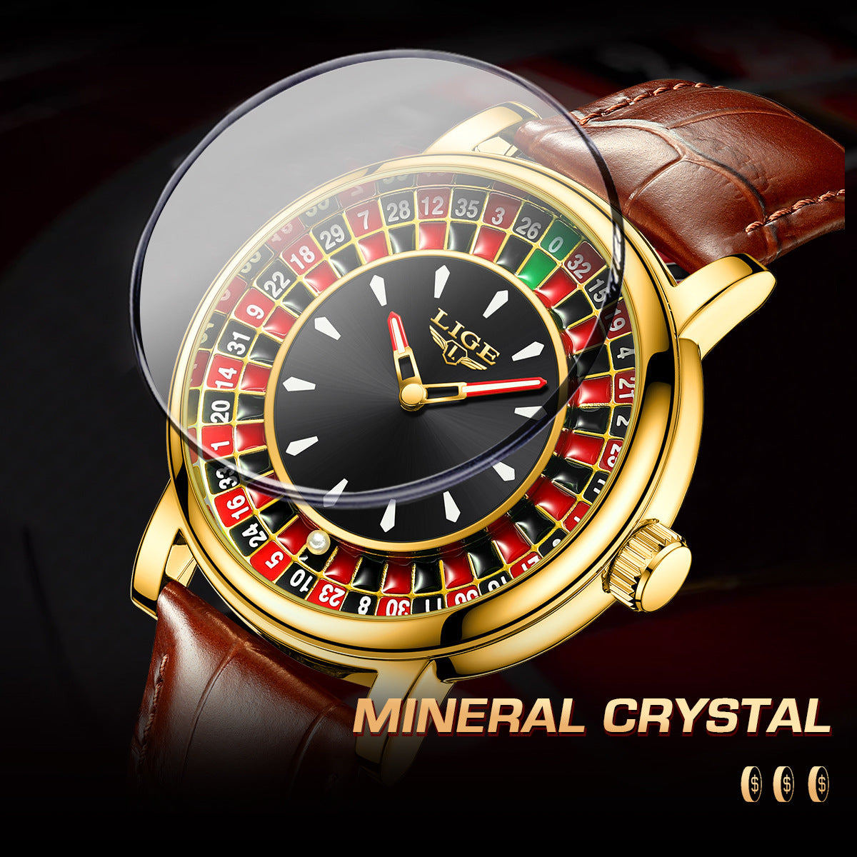 LIGE Casino Roulette Wheel Watch Men | Silver & Black Quartz Dress Watch | Leather Strap Novelty Gambling Timepiece Gift