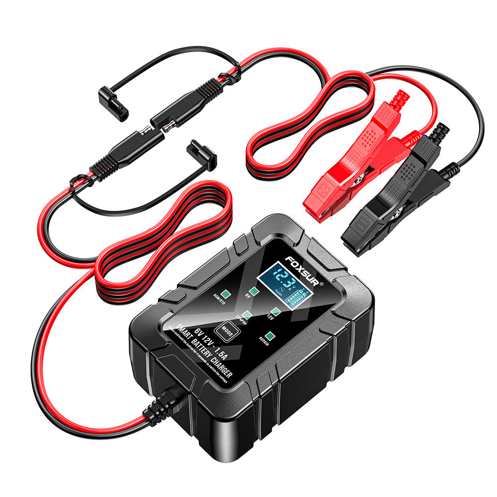 FOXSUR 6V 12V 1.5A Smart Battery Charger | AGM LiFePO4 Repair Mode LCD Display | Automatic Car Motorcycle Battery Maintainer