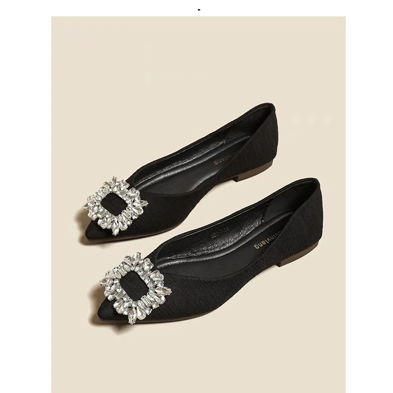 Black Suede Pointed Toe Crystal Brooch Flat Pumps | Rhinestone Square Buckle Embellished Slip-On Ballet Flats for Women