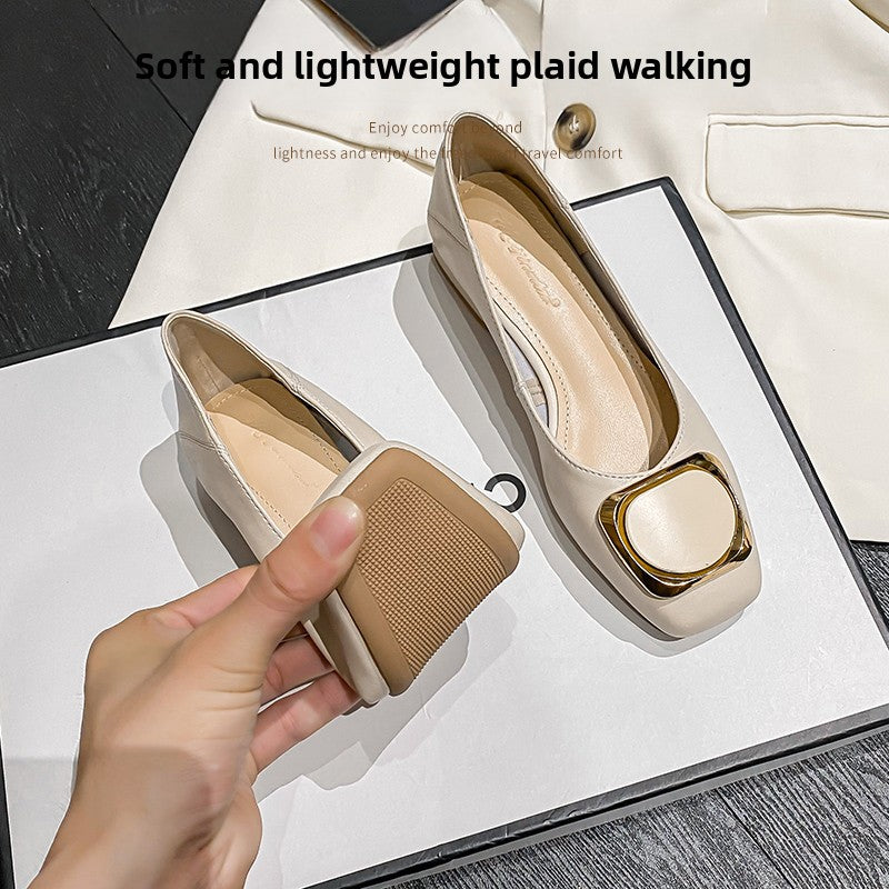 Cream Square Toe Gold Metal Buckle Pumps Women Slip On Mid Heel Elegant Office Party Dress Shoes