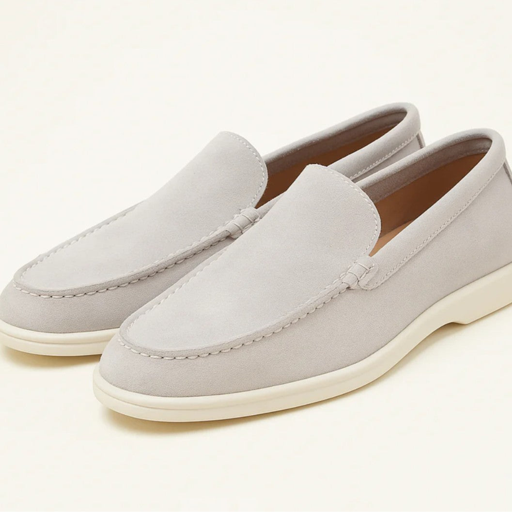 Men's Black Suede Slip-On Loafers | White Rubber Sole Venetian Casual Dress Shoes