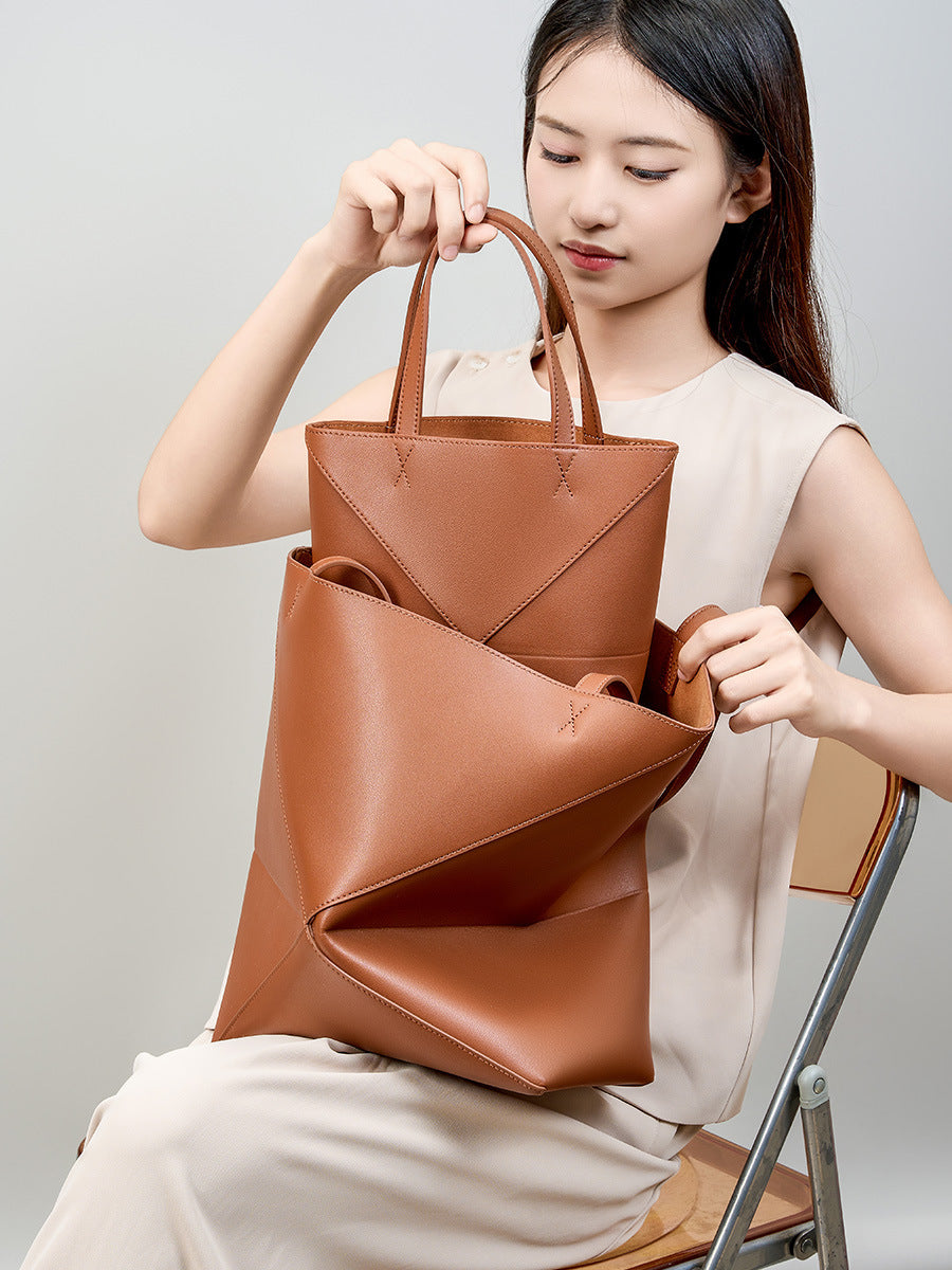 Black Leather Tote Bag - Minimalist Geometric Panel Shoulder Bag | Women's Large Capacity Work Shopping Tote