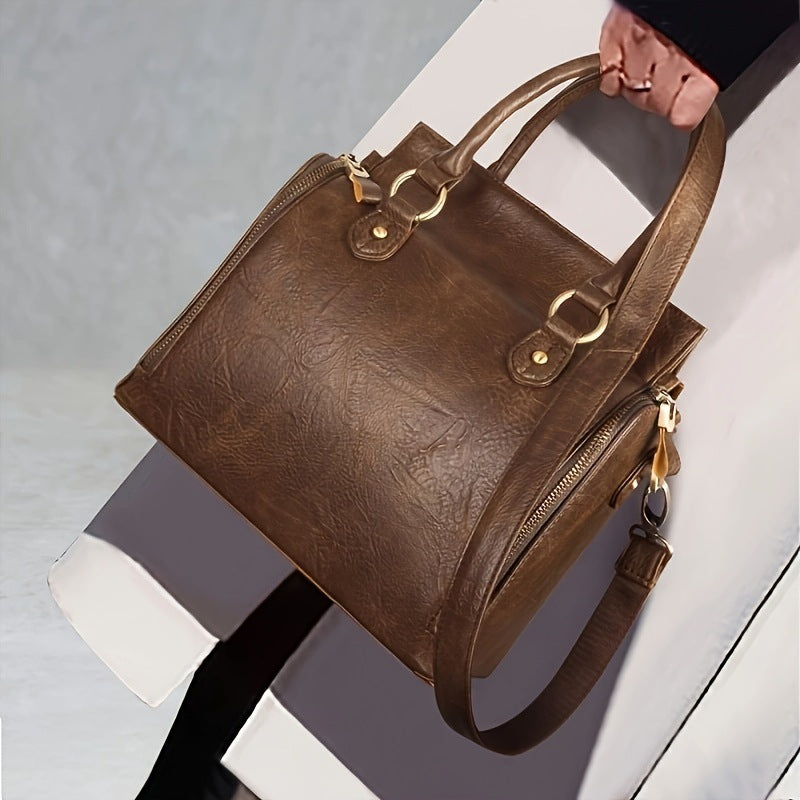 Black Structured Tote Satchel Handbag | Top Handle & Crossbody Strap | Gold Hardware Side Zip Women's Bag