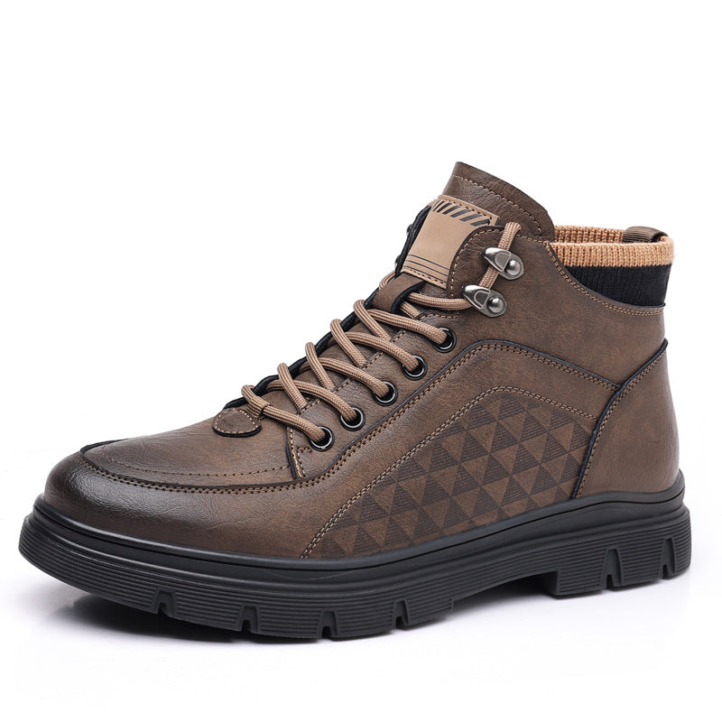 Men's Black High Top Leather Boots | Quilted Lace Up Ankle Boot Chunky Sole | Winter Casual Outdoor Fashion Boot