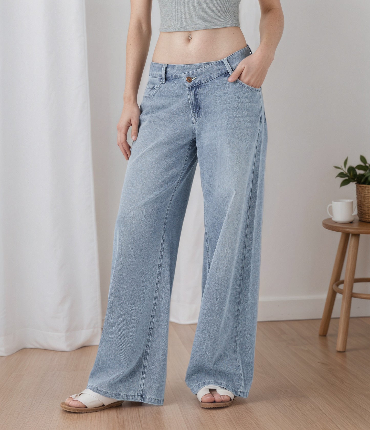 Jeans larghi a vita bassa da donna lavaggio chiaro | Pantaloni di jeans ampi con vita a V
