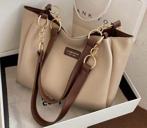 Beige Leather Tote Bag with Brown Straps & Gold Chain Detail | Two-Tone Shoulder Bag